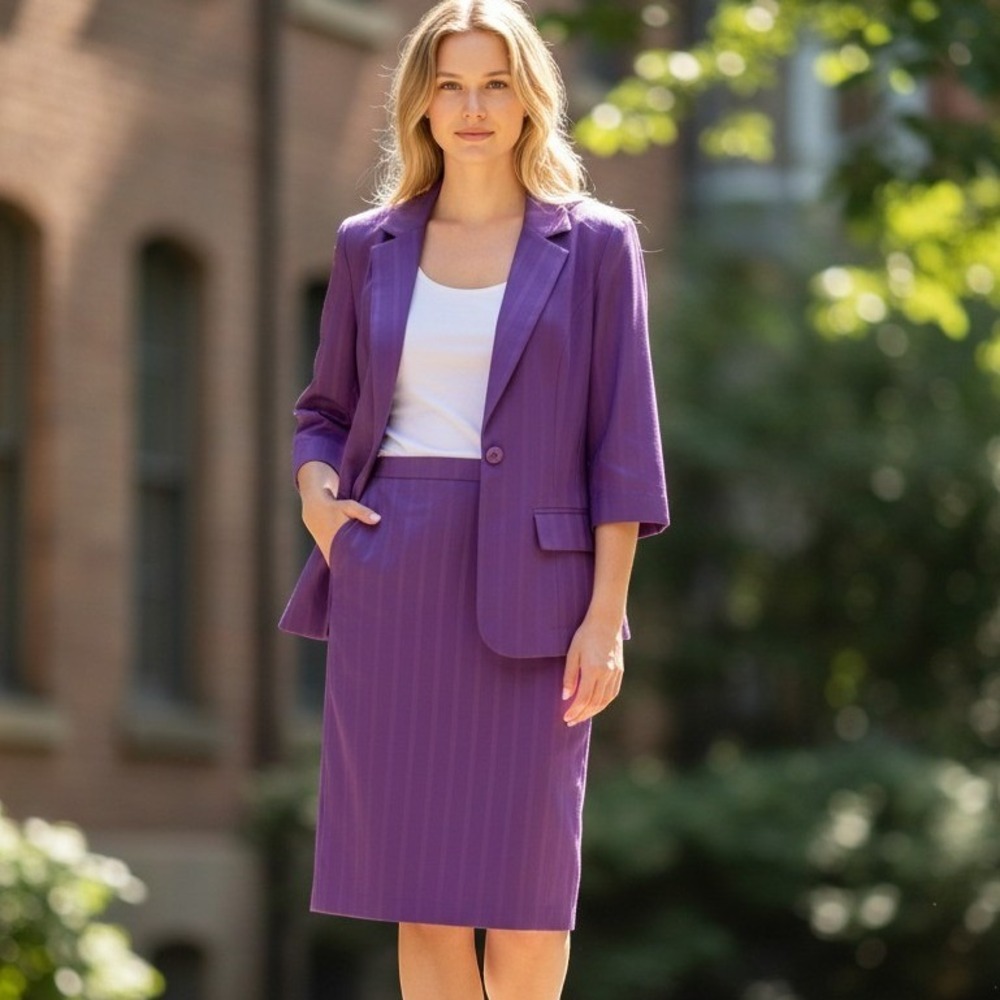 Pride & Joy Skirt Suit Set Womens 8 Purple Striped Blazer Pencil Skirt 2pc 3081